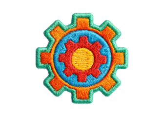 Colorful embroidered gear patch on transparent background. Symbol of settings, engineering, or mechanics.