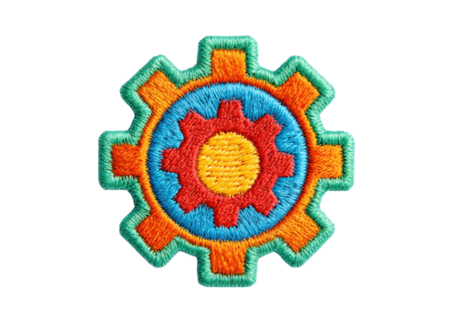 Colorful embroidered gear patch on transparent background. Symbol of settings, engineering, or mechanics. - Powered by Adobe