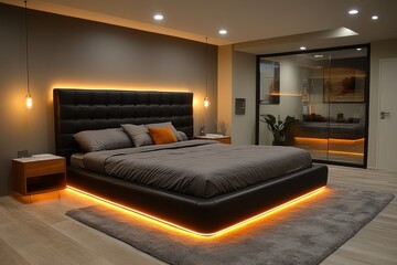 Modern black leather bed with LED light strip above the headboard, grey carpet on concrete floor, white wall, and gray ceiling in a stylish bedroom.
