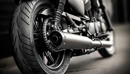Close-up of a motorcycle rear tire and exhaust pipe. 
