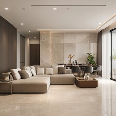 Fototapeta premium Modern Living Room with Beige Tones and Marble Accents