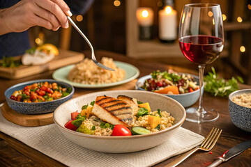 Delicious Grilled Fish Dinner with Quinoa Salad and Red Wine