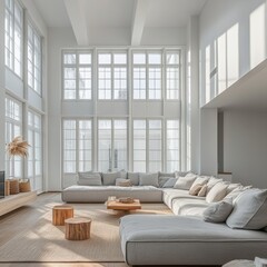 Modern Living Room with High Windows and Minimalist Design