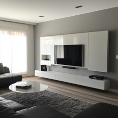 Modern Living Room with Minimalist Furniture and Wall-Mounted TV