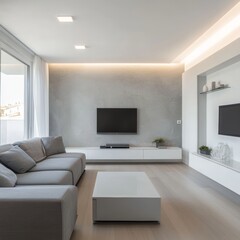 Modern minimalist living room with a sleek design featuring a large sofa, low coffee table, and wall-mounted TV.