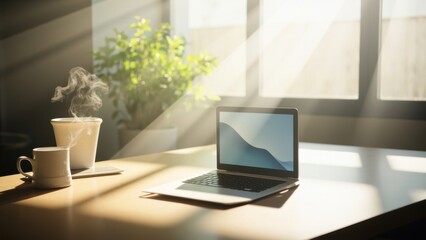 Laptop with morning sunlight and hot coffee on wooden desk