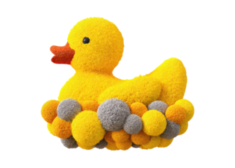 Yellow rubber duck on a transparent background. Concept of childhood, fun, and bath time.