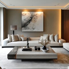 Modern Living Room with Abstract Art and Minimalist Furniture