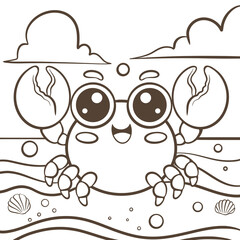 Cute Cartoon Crab with Bubbles Line Art