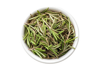 Overhead shot of fresh rosemary in a white bowl against a transparent background. Concept of cooking, herbs, and spices.