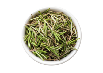 Overhead shot of fresh rosemary in a white bowl against a transparent background. Concept of cooking, herbs, and spices.