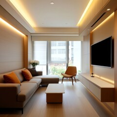 Fototapeta premium Modern Living Room with Minimalist Design and Recessed Lighting