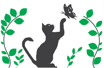 Cat silhouette icon illustration. vector. cat playing with butterfly.