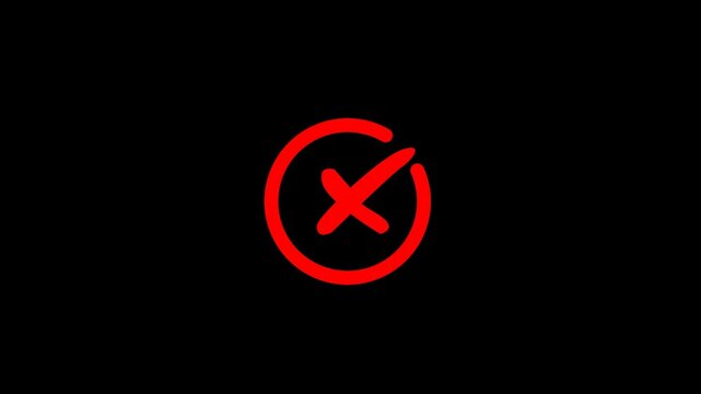 red cross mark animation, red cross mark symbol. cross icon animation. red cross mark brush stroke isolates black screen . red cross icon, cancel mark, reject sign, delete, prohibition, error.