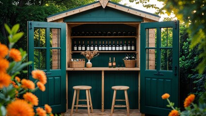 a rustic outdoor bar setup within a small wooden shed, painted in a deep green color. The shed features an open front with double doors, revealing a cozy interior.