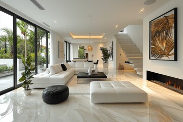 Modern Luxury Living Room with Marble Flooring and Fireplace