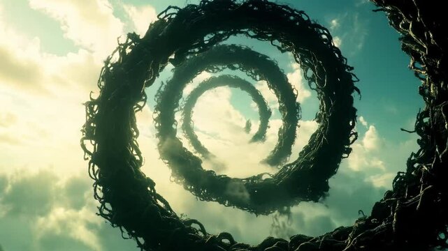 Espiral de ramas girando sobre el cielo con nubes blancas, mientras la silueta de un hombre corre a trav&eacute;s del espiral. 