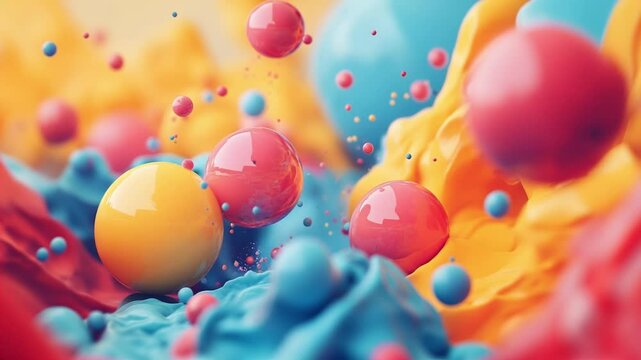 Fondo abstracto de pintura y esferas pl&aacute;sticas, rosa, celeste y amarillo. 