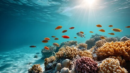 Obraz premium Underwater Scene with Colorful Fish Swimming Over Vibrant Coral Reef Beneath Bright Sunlight