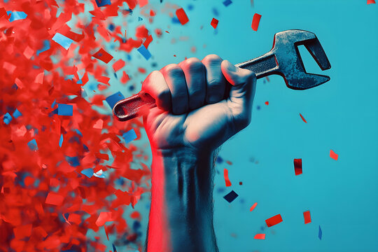 Stylized raised fist holding wrench, symbol of worker power and solidarity