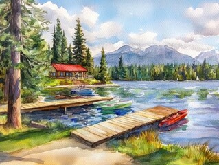 Naklejka premium Lakeside Cabin Serenity Boats Mountains and Clear Waters