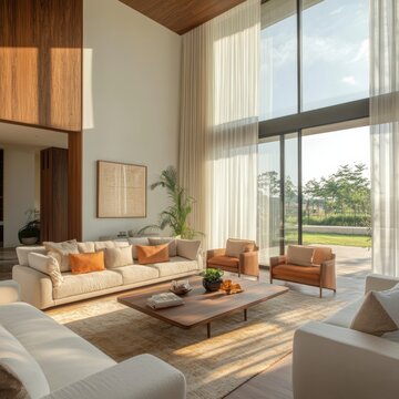 Modern Living Room with Large Windows and Outdoor View