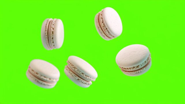 Galletas de panela dulce, blancas girando y flotando en un fordo verde croma. 