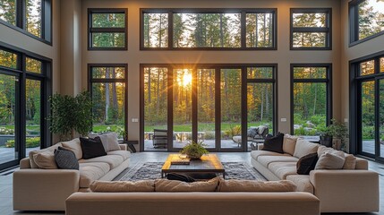 Fototapeta premium Modern Living Room with Large Windows Overlooking a Forest at Sunset