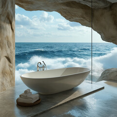 luxury tub perched on a cliffside with an ocean view and crashing waves below.