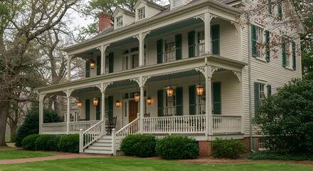 Grand Victorian Mansion with Expansive Porch and Hanging Lanterns: A Picturesque Southern Home