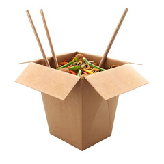 Realistic Wok Paper Box with Chopsticks Isolated on Transparent Background