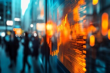 Fototapeta premium Financial market data displayed on a large screen, with blurred city background