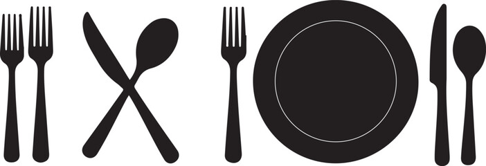 Fork, knife, spoon and plate set icons. Tableware set flat style. Dinnerservice collection. Plate, fork and knife for apps and websites