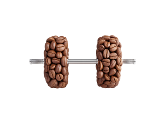 Dumbbell made of coffee beans on transparent background. Concept of fitness and energy boost.