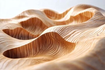 Abstract wood carving, sculpted surface.  Detailed, light-toned wood, undulating, organic forms