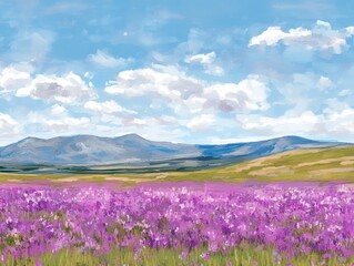 Fototapeta premium Lavender field meets mountains under a painterly sky