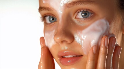 Close-up of young woman gently massaging sunscreen into her face against clear white background