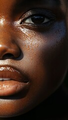 Close-up of clean and fresh face of Black woman after cleansing with glowing skin, soft lighting, minimal background