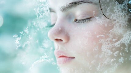 Close-up of young woman with closed eyes surrounded by soft foam, serene and calming atmosphere
