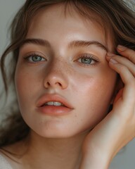 Young woman applying sunscreen to face with gentle hands, soft lighting against minimalistic white background