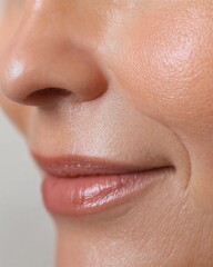 Close-up of middle-aged woman’s face with moisturized skin covered in nourishing cream, soft light and minimal background