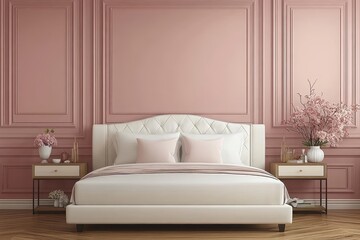 Modern solid wood double bed with white leather, four legs, and storage boxes, set against a cream-colored wall with pink and beige accents. French window and carpet complement the pastel tones.