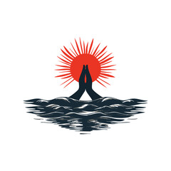 Hands in Prayer with Rising Sun Above Ocean Waves Illustration

