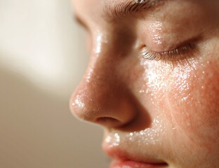 Close-up of young woman with sun allergy showing skin irritation, sensitive complexion