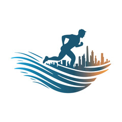 Dynamic Running Silhouette with Cityscape and Stylized Wave Design

