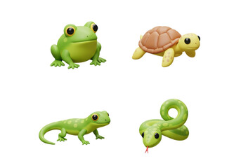 Naklejka premium Collection of Cute Green Cartoon Animals Including Frog Turtle Lizard and Snake on Transparent Background