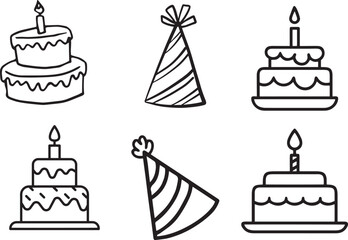 Set of Black Line Drawings of Birthday Cakes with Candles and Party Hats for Celebration Themes