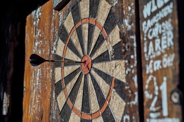 dart embedded in the bullseye, framed by a rustic wooden bar wall, capturing the thrill and accuracy of dart throwing