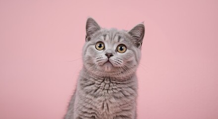 Cute gray cat looking curiously against a pink background  