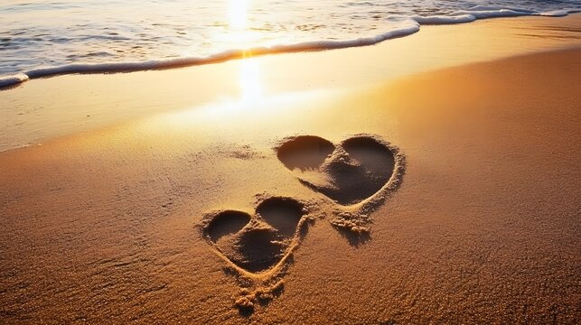 A pair of footprints forming a heart shape on a sandy beach at sunset